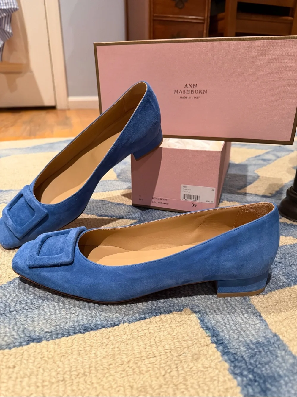 ANN MASHBURN Blue Suede Square-Toe Flats with Suede Buckle